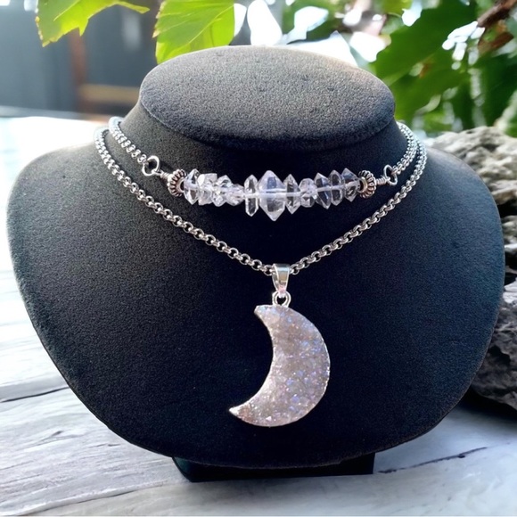 Crystal moon necklace . Genuine herkimers diamonds druzy quartz silver moon π - Picture 2 of 14